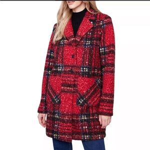 CHARLIE B Red and Black Plaid Pea Coat